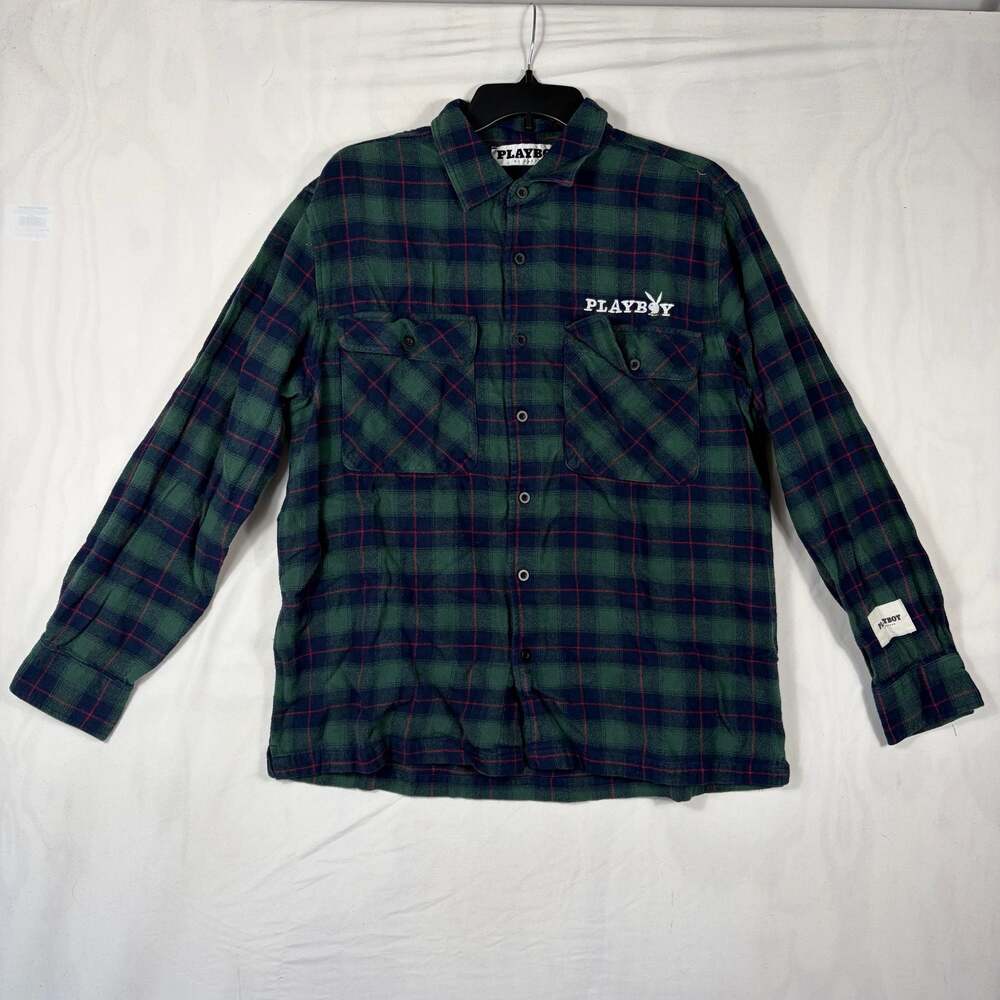 Playboy by Pacsun Men's Green Plaid Flannel Button-Up Shirt Medium